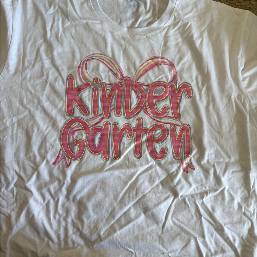 White T-Shirt with Pink 'Kindergarten' Design